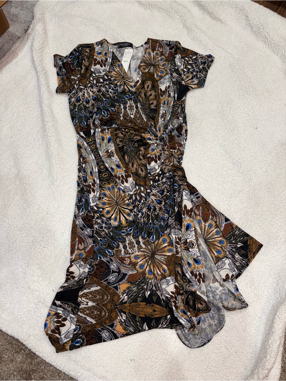NWT Anna Morgan Short Sleeve Floral Dress in Brown/Blue Small